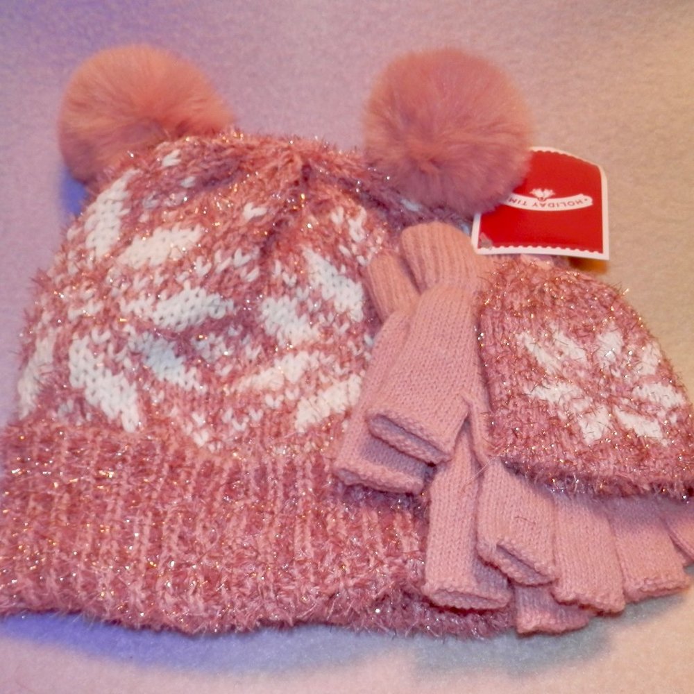 HOLIDAY TIME GIRLS SNOWFLAKE TINSEL PINK HAT AND GLOVE SET * NEW * ONE SIZE *